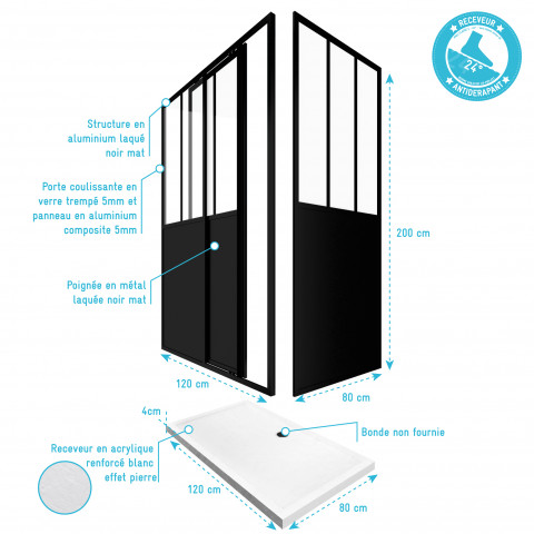 Pack Paroi porte de douche coulissante + retour 80 cm type atelier + receveur blanc 120×200 cm