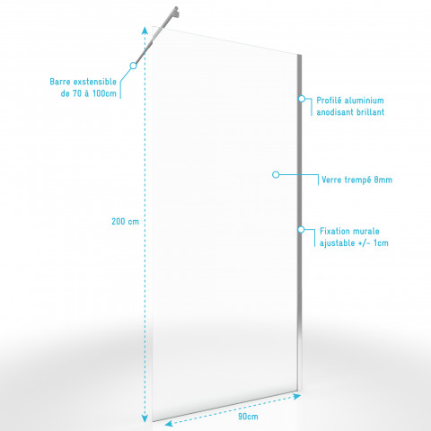 Pack paroi de douche transparent 90cm profile chrome - dim: 90x200cm - freedom 2 90 + barre de fixation freedom 2 telescopic