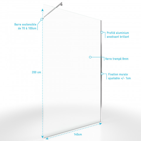 Pack paroi de douche transparent 140cm profile chrome - dim: 140x200cm - freedom 2 140 + barre de fixation freedom 2 telescopic