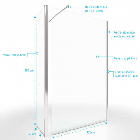 Pack paroi de douche transparent 120cm profile chrome - freedom 2 120 + barre de fixation freedom 2 telescopic + volet pivotant freedom 2 pivot