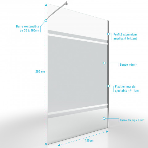 Pack paroi de douche miroir 120cm profile chrome - dim: 120x200cm - freedom 2 mirror 120 + barre de fixation freedom 2 telescopic