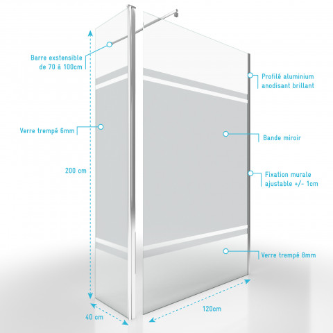 Pack paroi de douche 120x200cm effet miroir et profile chrome + barre de fixation telescopic + volet pivotant freedom 2 mirror