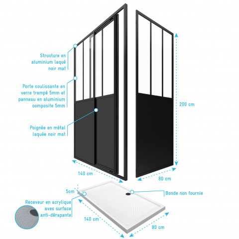 Pack porte pivotante 140x200 + paroi retour et panneau aluminium composite + receveur 140x80