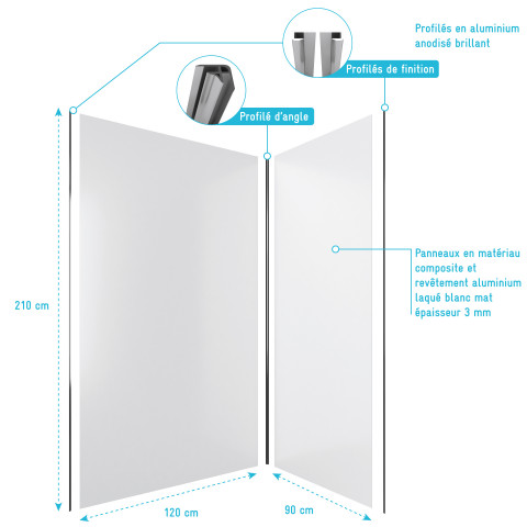 Pack panneaux muraux blanc mat - 90 x 120cm - en aluminium avec profilé d'angle et de finition anodisés chrome - wall'it blanc 90x120