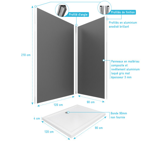 Pack panneaux muraux gris en aluminium avec profilé d'angle et de finition chrome + receveur a poser - 90 x 120cm - wall'it gris 90x120 + whiteness ii 120 Aurlane - PACP007