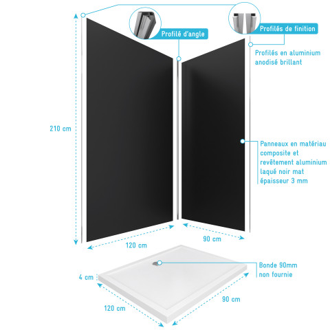 Pack panneaux muraux noir en aluminium avec profilé d'angle et de finition chrome + receveur a poser - 90 x 120cm - wall'it gris 90x120 + whiteness ii 120 Aurlane - PACP008