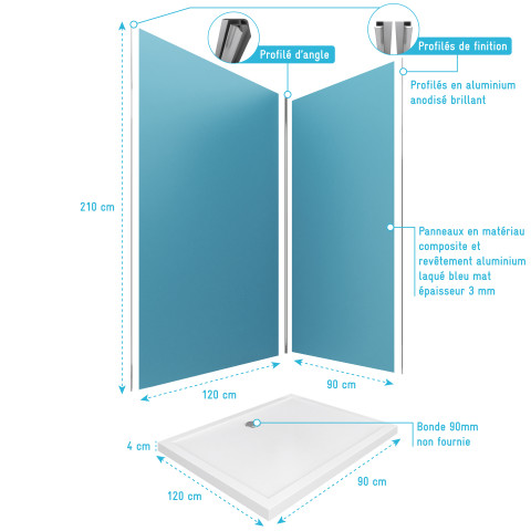 Pack panneaux muraux bleu en aluminium avec profilé d'angle et de finition chrome + receveur a poser - 90 x 120cm - wall'it bleu 90x120 + whiteness ii 120 Aurlane - PACP009