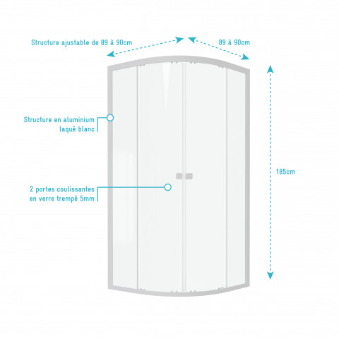 Paroi porte de douche 1/4 cercle blanc 90x90cm de largeur - verre transparent - whity round