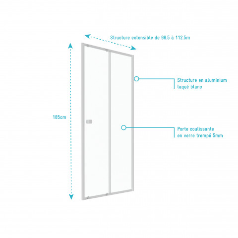 Paroi porte de douche coulissante blanc 120x185cm - extensible de 98.5cm à 112.5cm - whity slide 100
