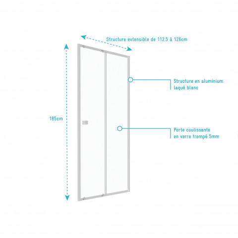 Paroi porte de douche coulissante blanc 120x185cm - extensible de 112.5cm à 126cm - whity slide 120