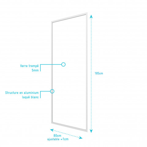 Paroi porte de douche blanc retour 80x185cm pour porte - verre transparent 5mm - whity side 80