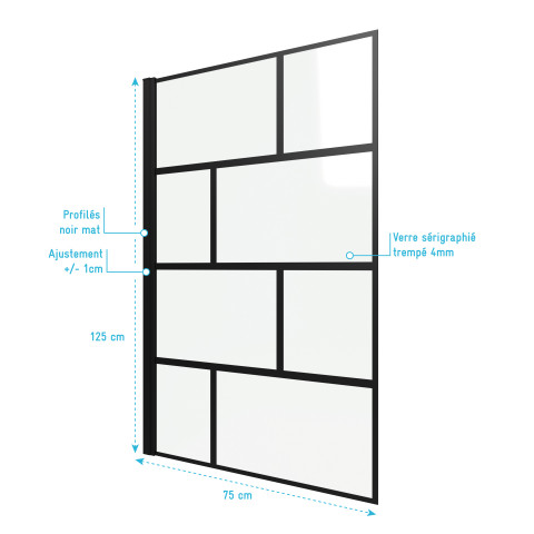 Pare baignoire pivotant serigraphie type industriel noir mat - 125x75cm - profile aluminium noir mat avec verre transparent - blocks 125