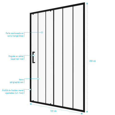 Paroi porte de douche à porte coulissante sérigraphié - 120x200cm - porte coulissante - profile noir mat - verre transparent 6mm - crushx 120