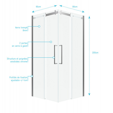 Porte de douche carree - rolling chromed square 90x90 Aurlane - FAC617