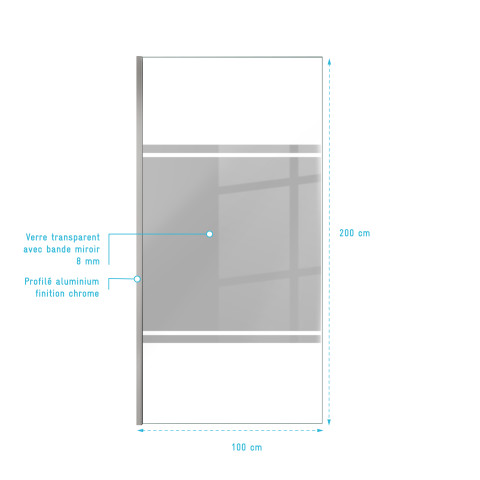 Paroi de douche avec bande miroir 100x200cm - verre 8mm - profilé chrome - freedom 2 mirror