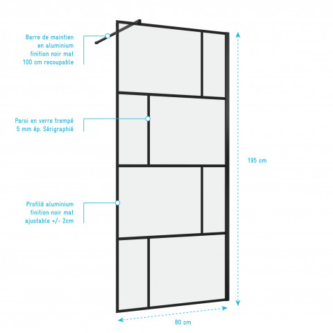 Paroi de douche + barre de fixation - bricks 80cm