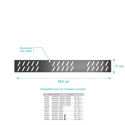 Grille linéaire en aluminium finition gun metal pour receveur - 69.5x11x0.2cm - grid line gun metal