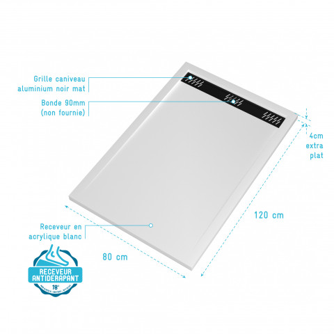 Receveur en acrylique Blanc 80x120x4 cm – Grille Linéaire Noire – WHITENESS II Aurlane - FAC708