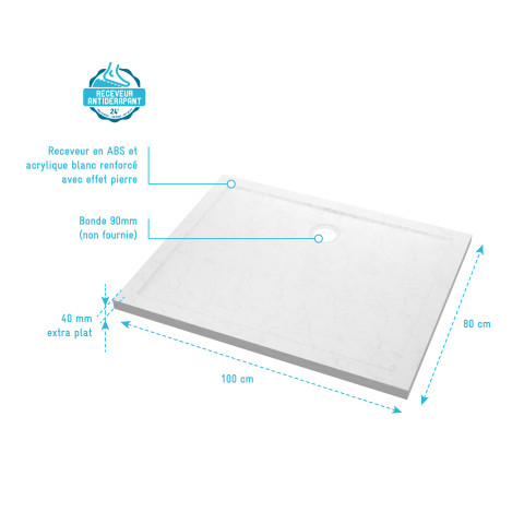 Receveur en acrylique blanc 80x100x4cm - moon rectangular 80 Aurlane - FAC722