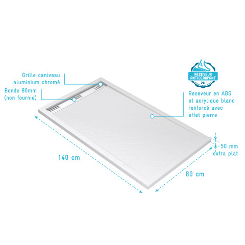 Receveur en acrylique blanc - 140x80x5cm - meteora rectangular linear white Aurlane - FAC723