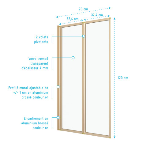 Pare-baignoire pivotant 2 volets or brossé - verre trempé 4mm - duplo