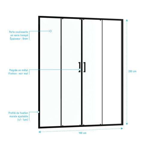 Paroi de douche 2 portes coulissantes 160×200 cm - Verre transparent – Profilé Noir - CRUSH Aurlane - FAC794