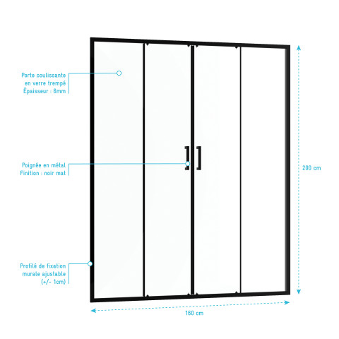 Paroi de douche à double porte coulissante 160x200 cm - verre transparent - profilé noir - crush