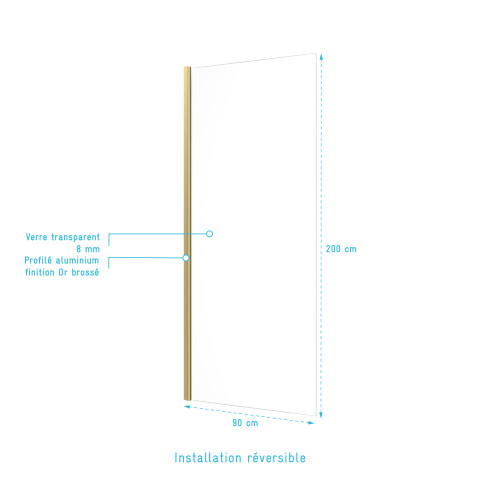 Paroi de douche à l'italienne 90x200 cm verre trempé 8 mm - finition or brossé - freedom 2 gold