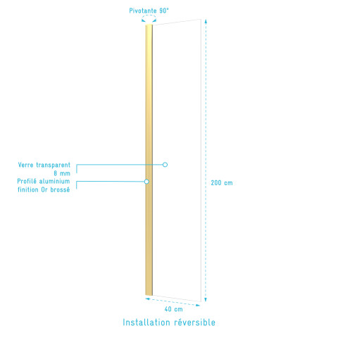 Volet pivotant de 40 cm en verre trempé 6 mm finition or brossé pour paroi de douche freedom 2 gold