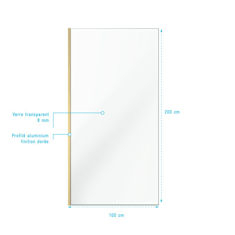 Paroi de douche à l'italienne 100x200 cm verre trempé 8 mm - finition or brossé - freedom 2 gold Aurlane - FAC923