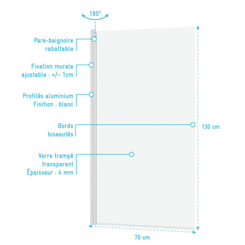 Pare-baignoire rabattable 70x130cm - profilé blanc mat - verre trempé 4mm - elementary