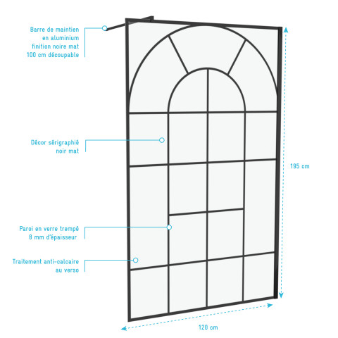 Paroi de douche déco 120x195cm verre anti-calcaire 8mm sérigraphié - barre de fixation noir mat Aurlane - FAC951