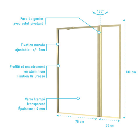 Pare baignoire avec volet pivotant 70+30x130cm - finition or doré brossé - goldy contouring screen