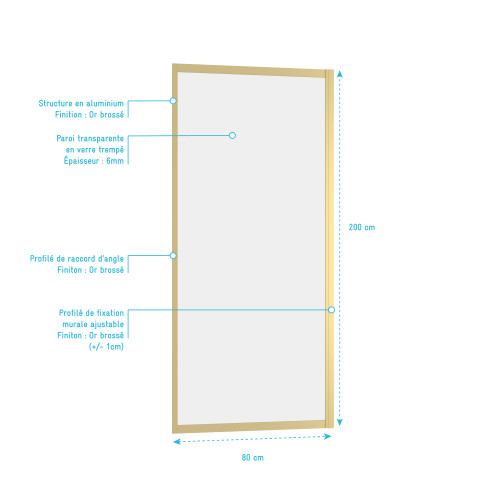 Paroi de retour 80x200cm - profilés or doré brossé - verre trempé 6mm - goldy crush Aurlane - FAC959
