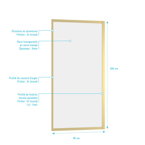 Paroi de retour 90x200cm - profilés or doré brossé - verre trempé 6mm - goldy crush