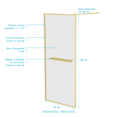 Paroi de douche or doré brossé 90x200cm - porte-serviette et étagère - goldy contouring shelf