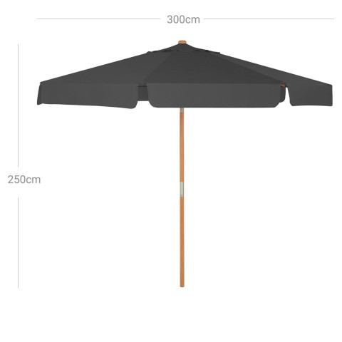 Parasol 3 m ombrelle octogonal protection solaire anti-uv upf50+ mât et baleines en bois inclinable sans socle pour terrasse balcon jardin gris