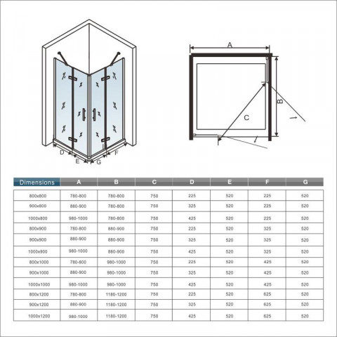 Cabine de douche à charnière accès d'angle verre anticalcaire - Dimensions au choix