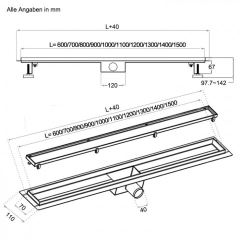 Caniveau de douche 120cm douche à l'italienne en inox modèle de classique