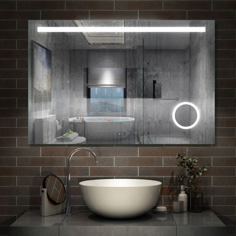 Aica miroir salle de bain anti-buée led de 100 x 70 cm avec horloge, interrupteur tactile et grossisant 3x