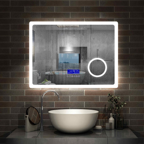 Aica miroir salle de bain 80x60cm 3 couleurs led réglable+antibuée(bluetooth haut-parleur,horloge,date,température)+grossissant