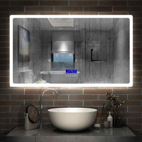 Aica miroir salle de bain anti-buée led de 100 x 60 cm de 3 couleurs avec bluetooth, horloge, date et tompérature