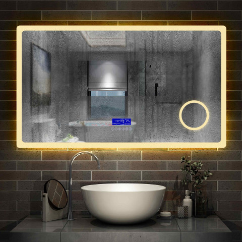 Aica miroir salle de bain 120x70cm 3 couleurs led réglable+antibuée(bluetooth haut-parleur,horloge,date,température)+grossissant