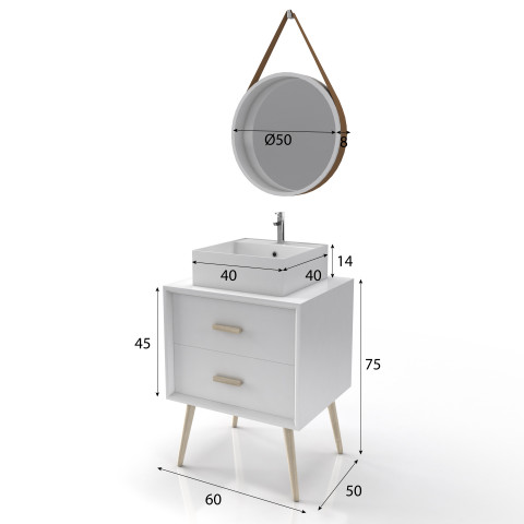 Meuble salle de bain scandinave blanc 60 cm sur pieds avec tiroir, vasque a poser et miroir rond - nordik basis runt 60