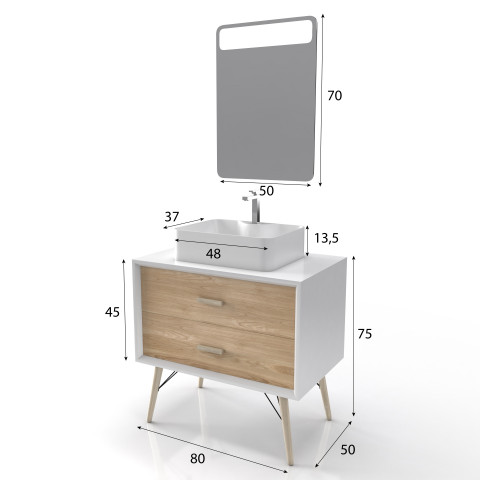 Meuble salle de bain scandinave blanc et bois naturel 80 cm sur pieds avec tiroirs, vasque a poser et miroir led - nordik skuff led 80 Aurlane - LAV513