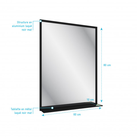 Miroir salle de bain 80x60cm - laqué noir mat avec étagères - framed mirror