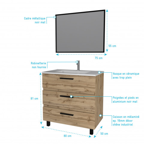 Ensemble meuble de salle de bain - chene industriel - tiroirs -pieds en aluminium noir mat - mirroir