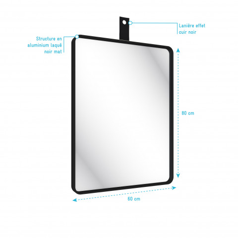 Miroir salle de bain 60x80cm suspendu noir mat - avec lanière effet cuir noir - nordik rektangel Aurlane - LAV607