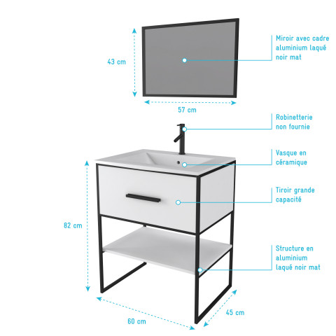 aurlane meuble salle de bain 60 cm blanc avec structure acier noir mat think 60 distriartisan