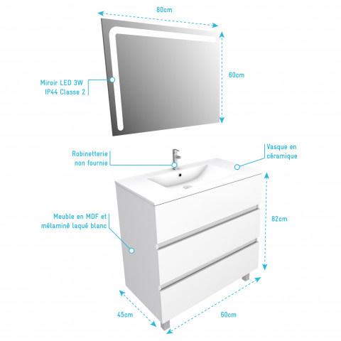 aurlane ensemble meuble de salle de bain blanc 60cm sur pied a 3 tiroirs vasque ceramique blanche miroir led integree started pack 26 distriartisan